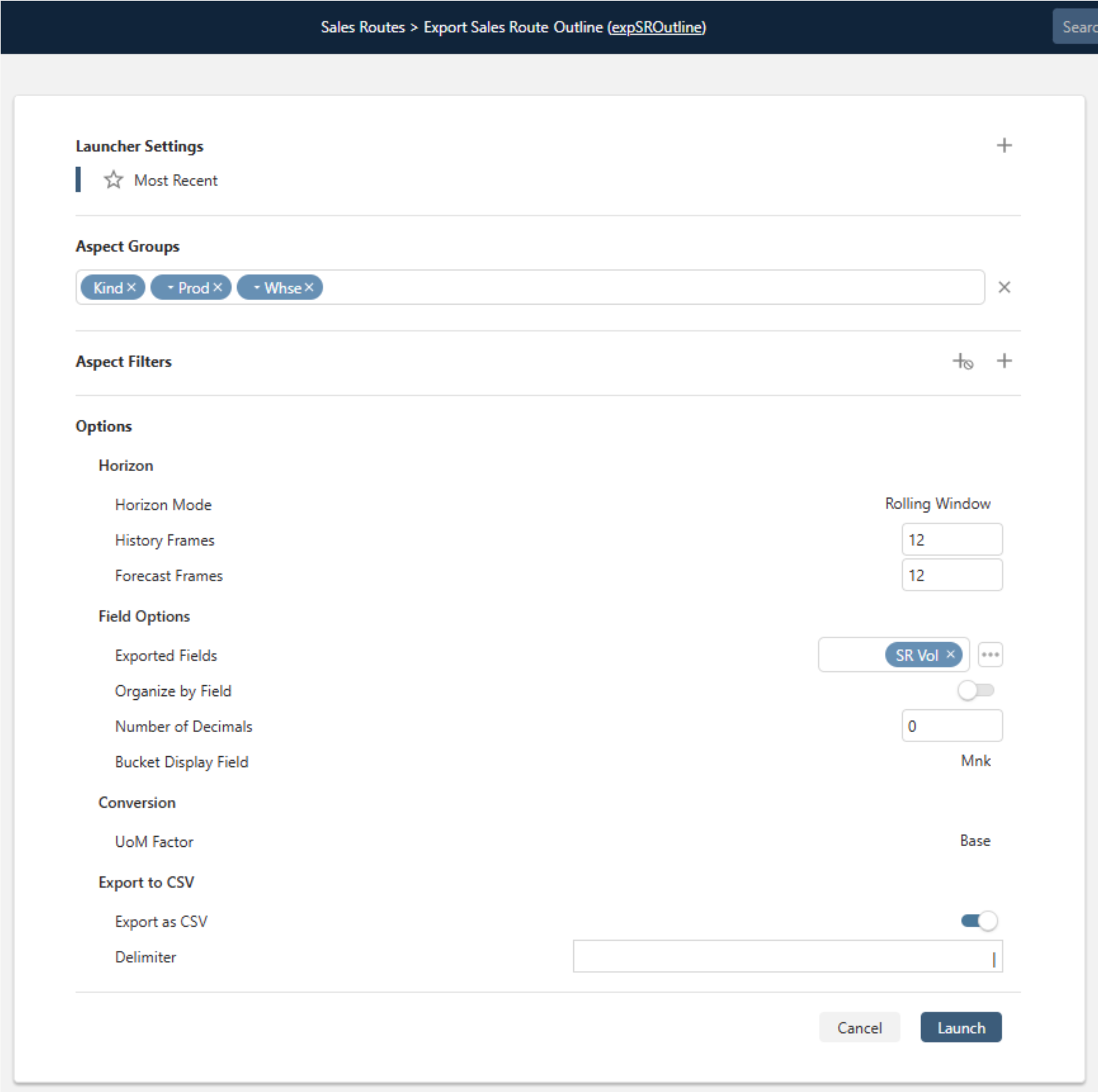 Sample Export Sales Routes Outline Launch Form with export configuration options